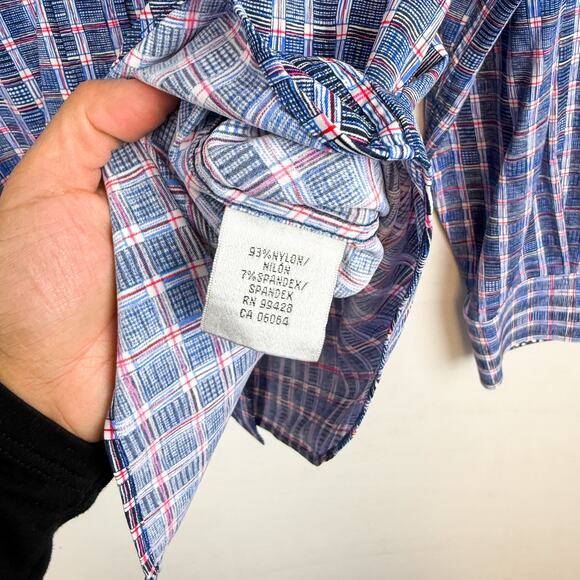 Bugatchi Shaped Fit Blue Red Check Dress Shirt Performance - 2XL XXL - Picture 6 of 10